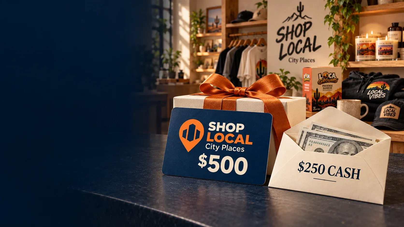 $500 SHOP LOCAL North Carolina Places gift card and $250 cash envelope in front of a SHOP LOCAL store and product display.